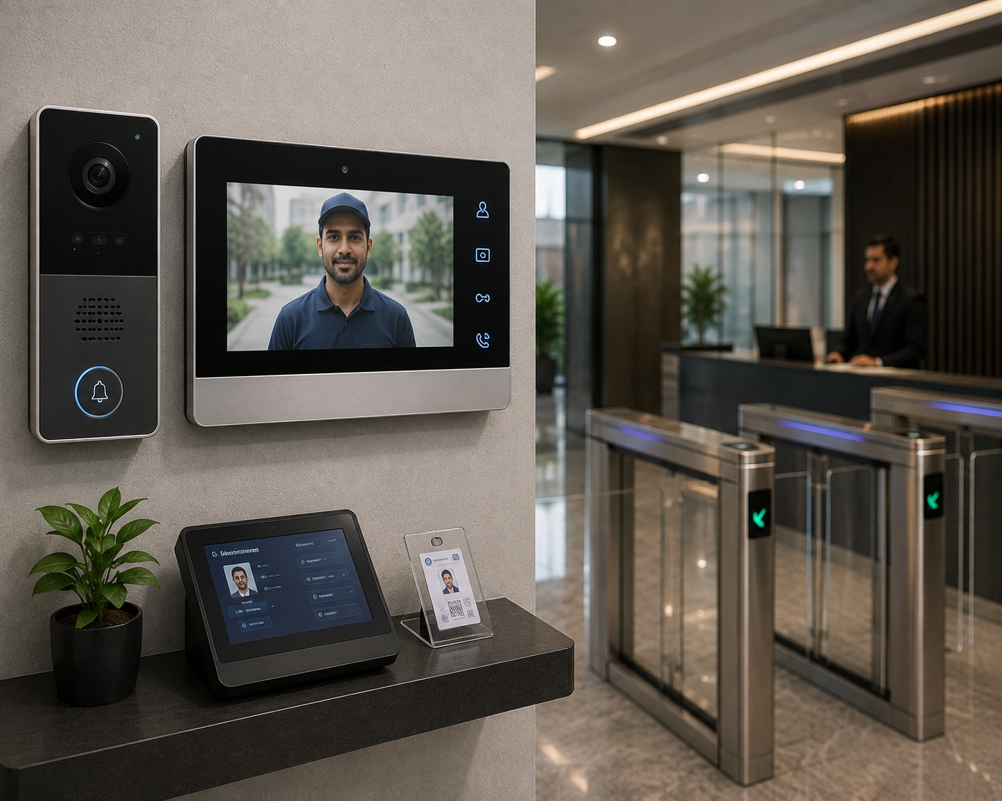 Video door phone panel at a home's front door showing a visitor call on a smartphone app